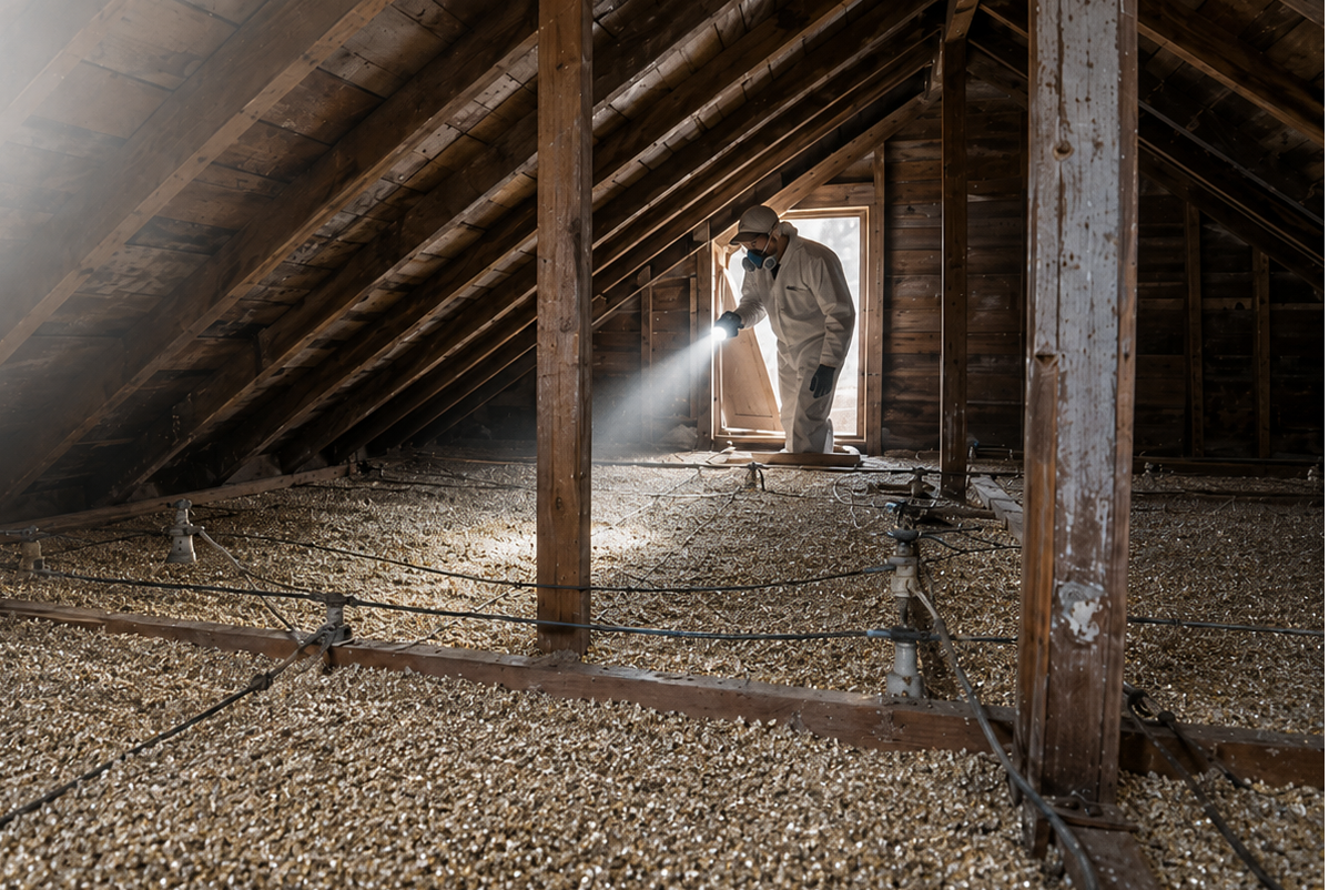 Certified asbestos inspector working in attic